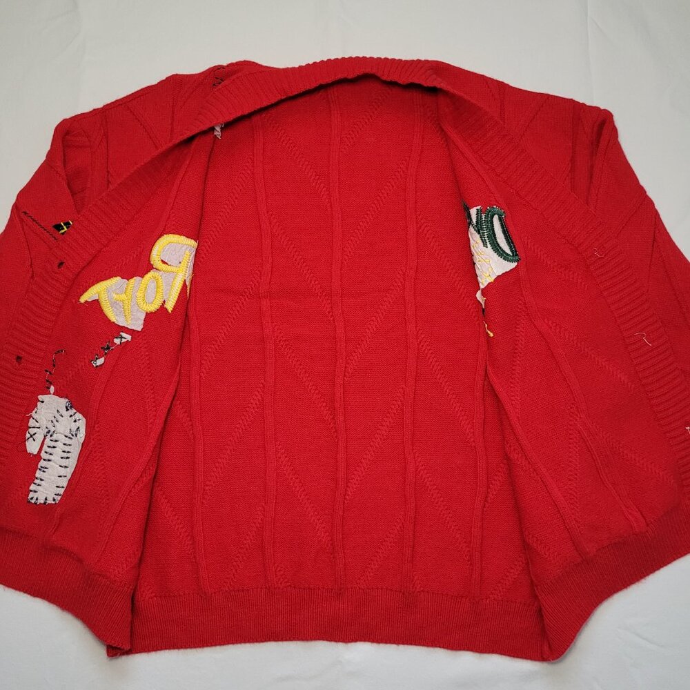 Ebossy Knit Cardigan Red Colorful Embroidery Patches Women Medium Streetwear Y2K - Picture 10 of 11